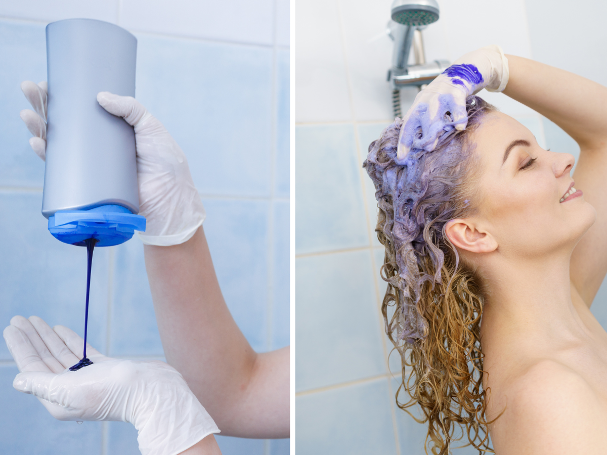 Como passar matizador no cabelo. Na foto aparece um frasco de shampoo na cor cinza sendo despejado sobre a mão e uma luva. Seu líquido é roxo. Ao lado uma mulher de tom de pele branco toma banho ensaboando seu cabelo amarelo com o produto roxo.