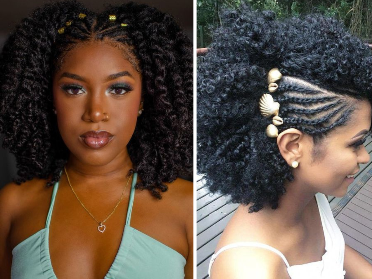 Penteados para cabelo afro. Foto mostra cabelos semi presos cacheados com acessórios em formato de liguinha e conchas.