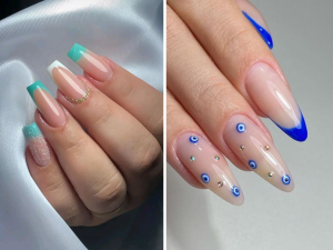 Unhas de vidro de 2024. Foto mostra duas mãos com unhas em alongamento de vidro decoradas com tons de azul