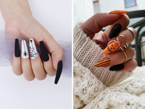 Unhas decoradas com símbolos do Halloween.