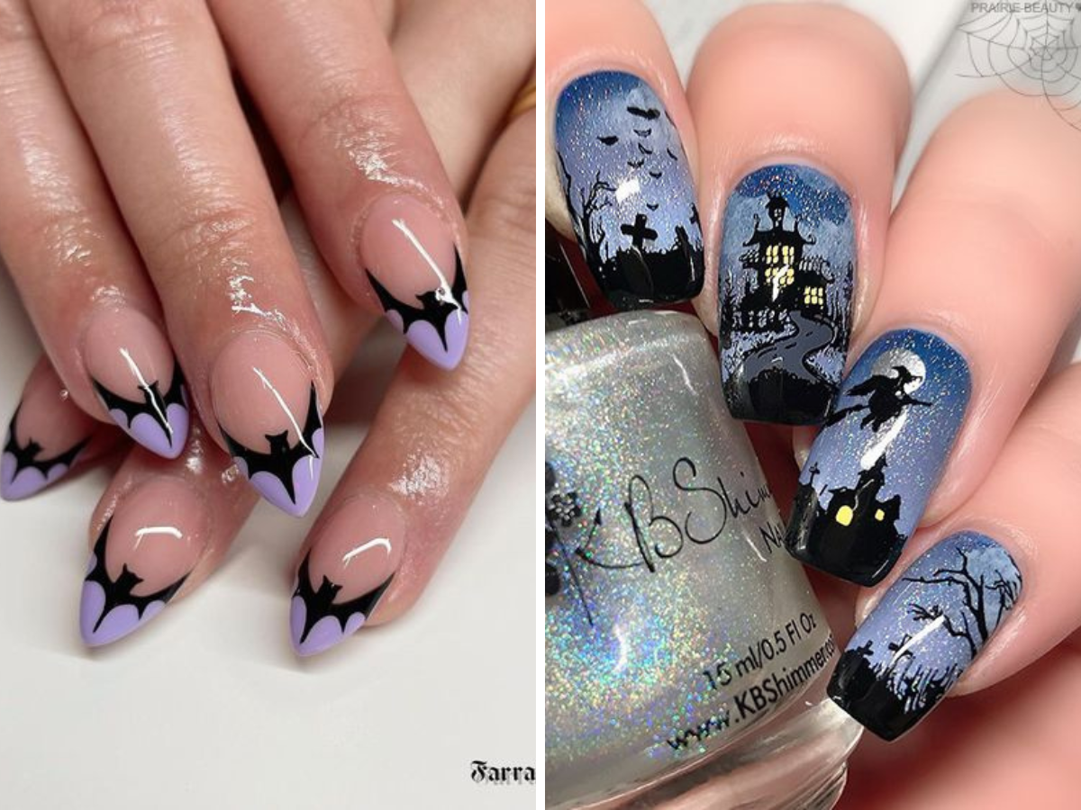 unhas decoradas com símbolos do Halloween. A foto traz unhas francesinhas com desenho de morcego e com castelo da bruxa.
