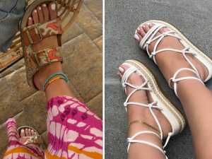 Papetes de 2024. Foto mostra dois tipos de papetes, sendo a do lado esquerdo um modelo com fiverlas e estampas de cor laranja e verde musgo. A outra papete, do lado direito, é branca com amarrações finas.