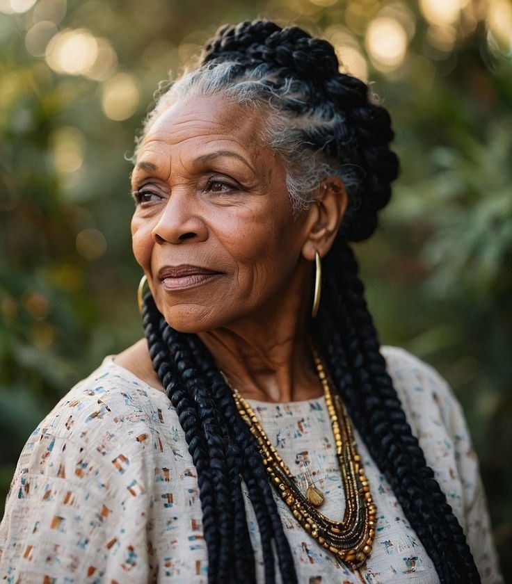 Idosa cabelo semi preso com coroa de tranças