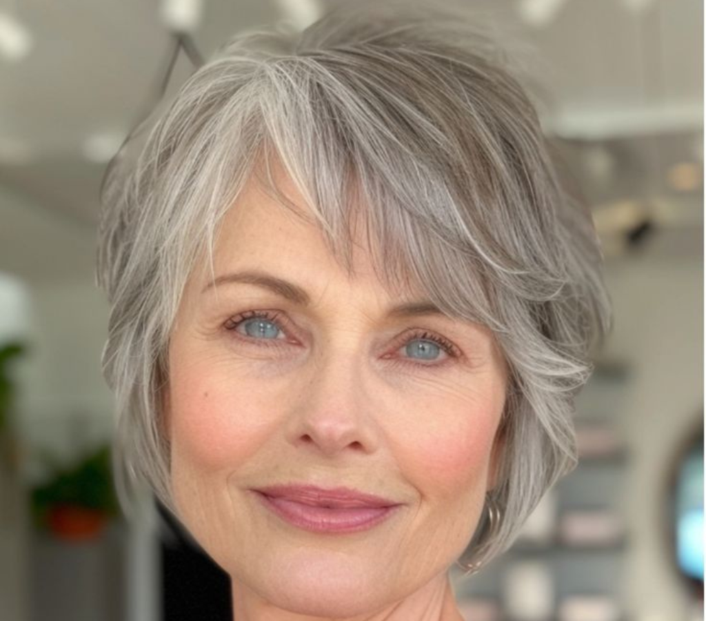 Curto com franja - cortes para cabelos grisalhos
