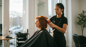 Mulher com 40 anos cortando o cabelo