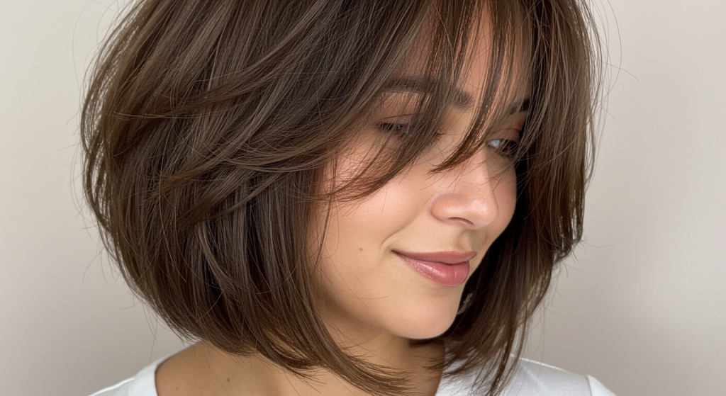 long bob e camadas e franja