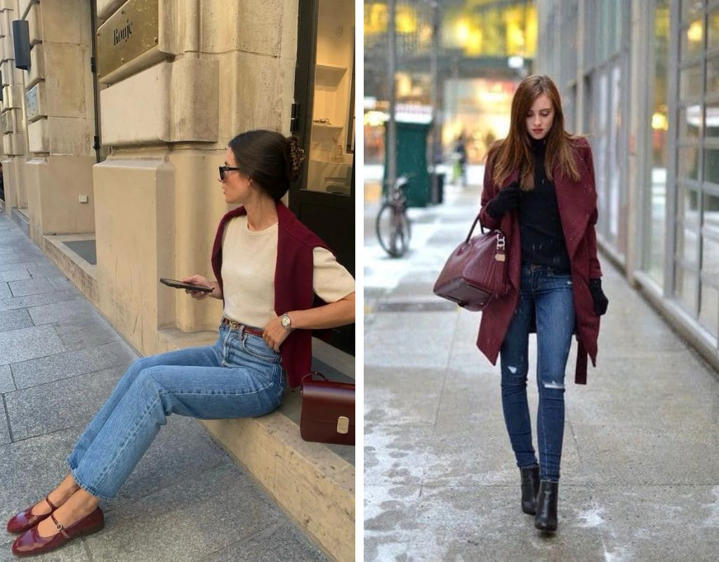 Combinação de cores com Jeans e vermelho bordô