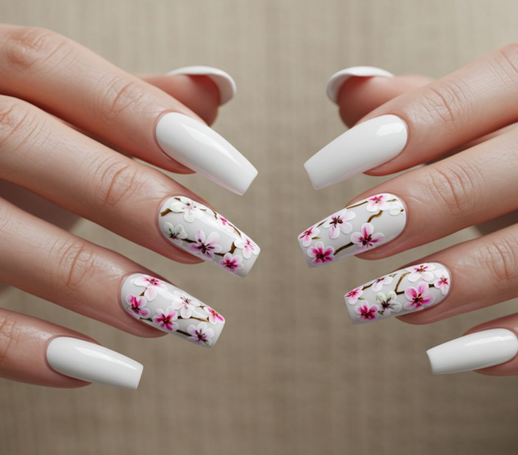 Unhas Brancas com flores