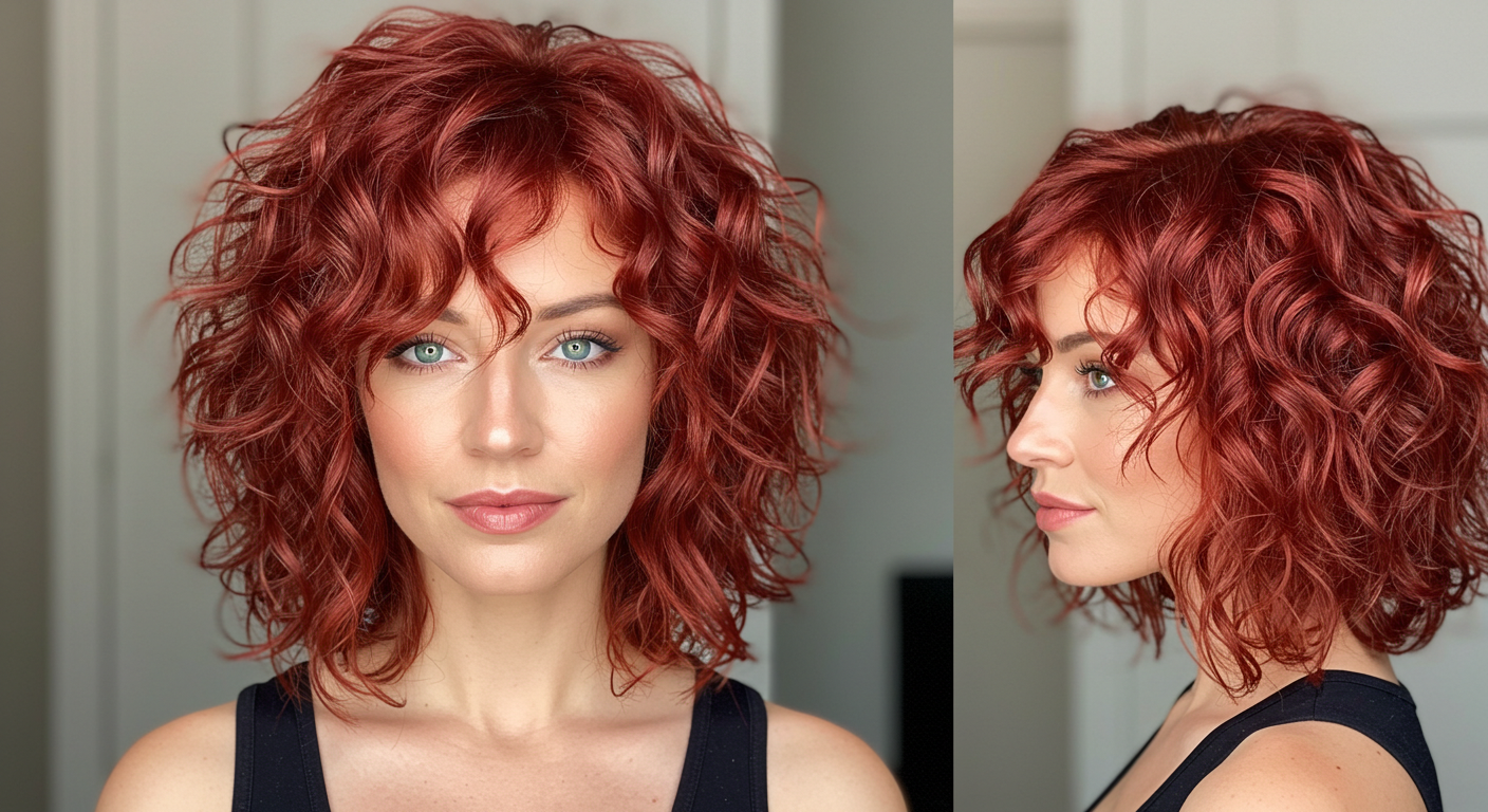 Bob em camadas com franja cacheado