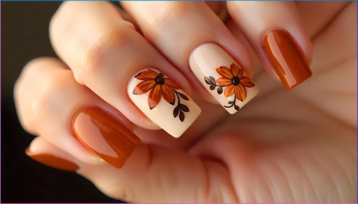 Terracota e flores outonais unhas quadradas decoradas
