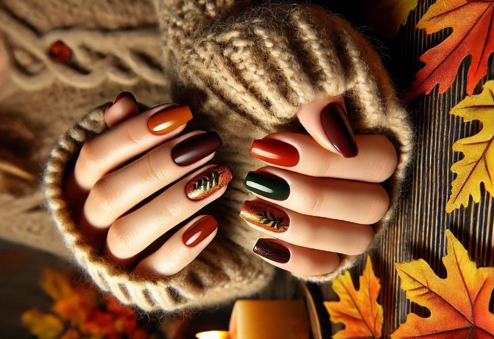 unhas quadradas decoradas tons terrosos outono