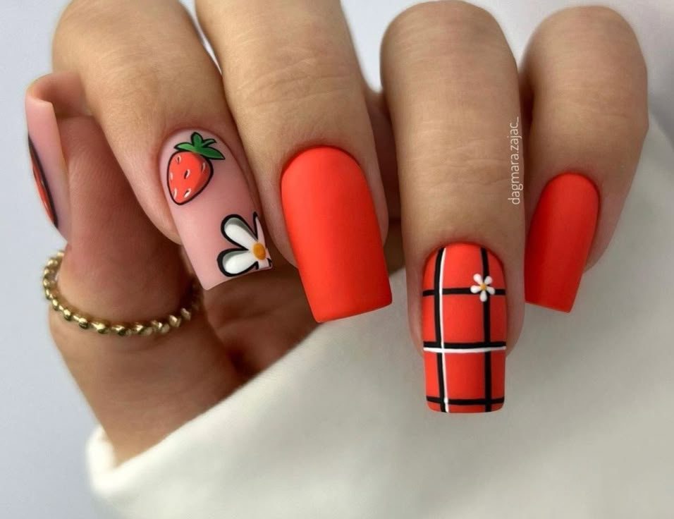 unhas decoradas de festa junina vermelho tomate