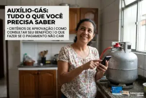 Mulher sorridente segurando smartphone na cozinha, auxílio gás 2026