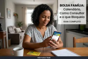 Mulher sorrindo com celular, café e cartão Bolsa Família
