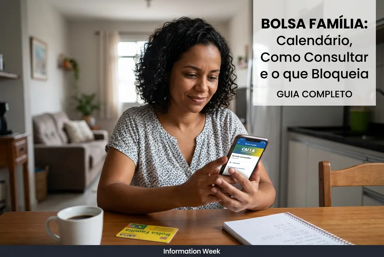 Mulher sorrindo com celular, café e cartão Bolsa Família