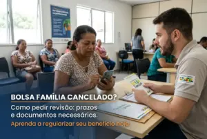 Mulher e atendente do Bolsa Família discutindo documentação