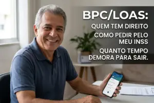 Homem idoso com smartphone e texto sobre BPC/LOAS