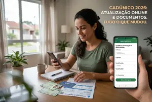 Mulher usando smartphone para atualizar CadÚnico 2026
