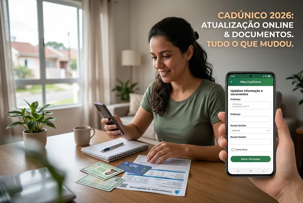 Mulher usando smartphone para atualizar CadÚnico 2026