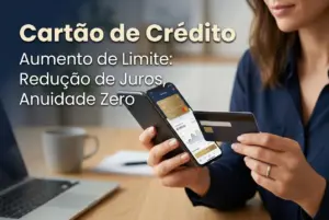 Pessoa usando aplicativo bancário no smartphone e cartão de crédito
