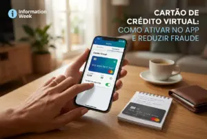 Mão usando smartphone com cartão de crédito virtual em 2026