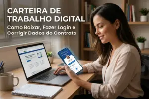 Mulher usando carteira de trabalho digital em laptop e smartphone