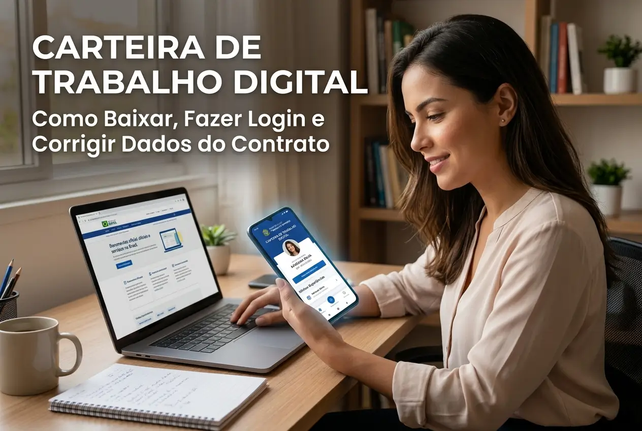 Mulher usando carteira de trabalho digital em laptop e smartphone