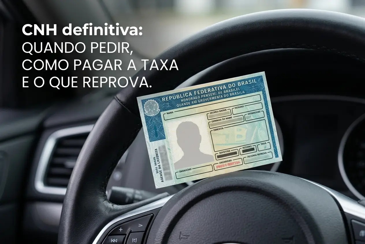 Carteira CNH azul no volante com info sobre solicitação em 2026