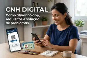 Mulher usando smartphone com CNH digital, mesa e livros