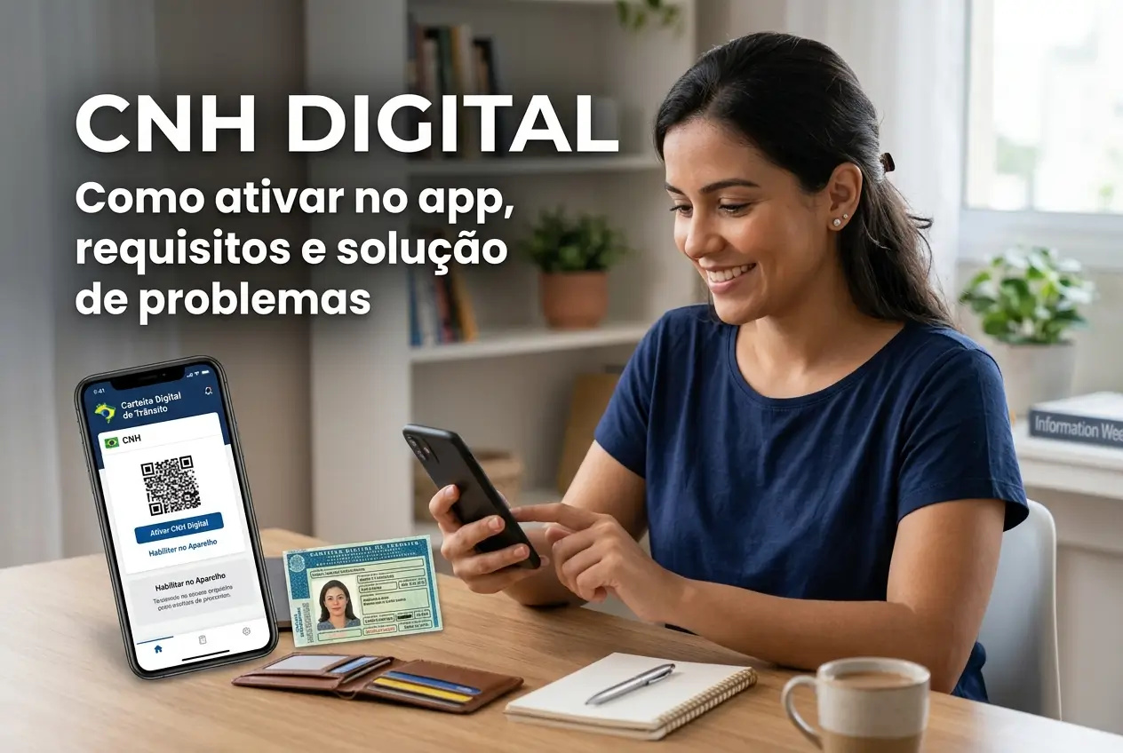 Mulher usando smartphone com CNH digital, mesa e livros