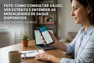 Mulher com smartphone mostrando app FGTS e notebook em mesa