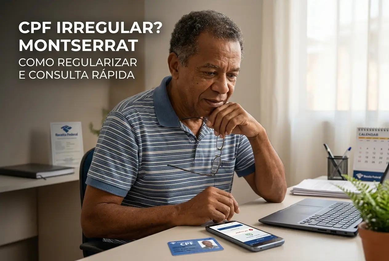 Homem idoso olhando para celular com CPF e laptop na mesa