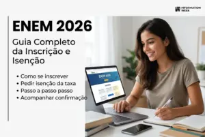 Jovem mulher sorrindo no computador com guia sobre ENEM 2026