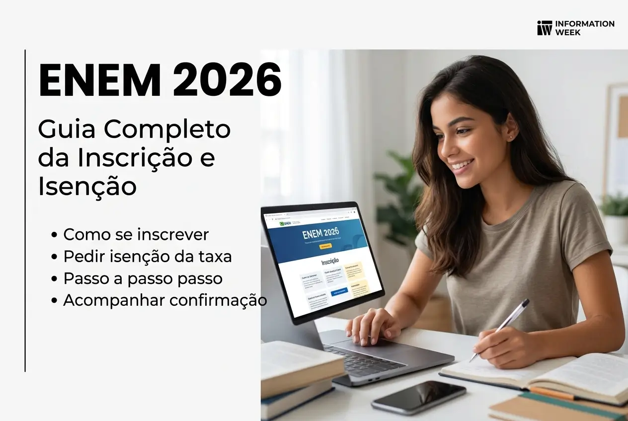 Jovem mulher sorrindo no computador com guia sobre ENEM 2026