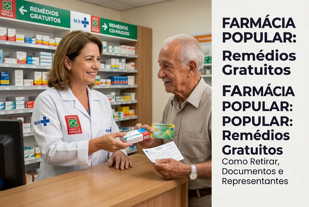 Farmacêutica sorridente entrega remédio a idoso na Farmácia Popular