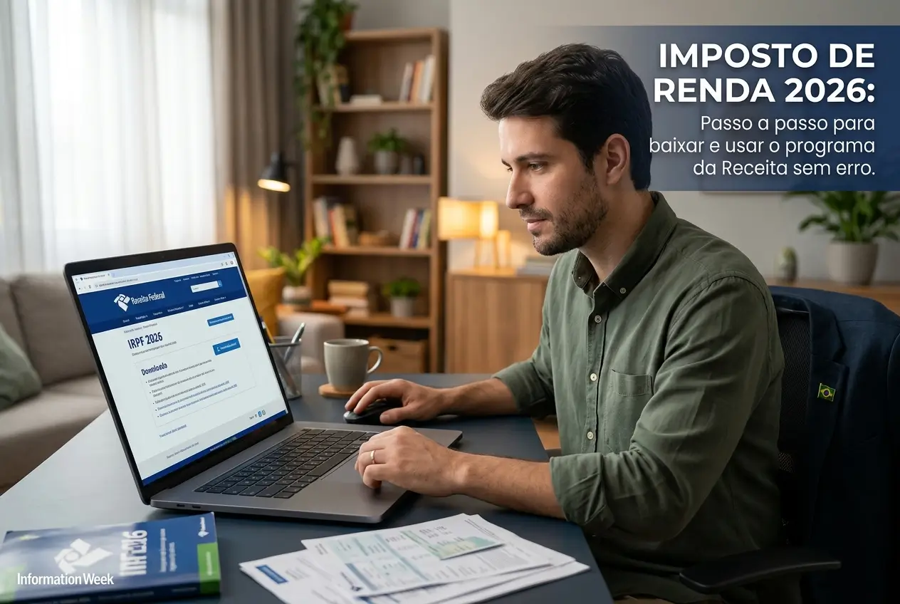 Pessoa completando IRPF 2026 em um laptop com livros e plantas