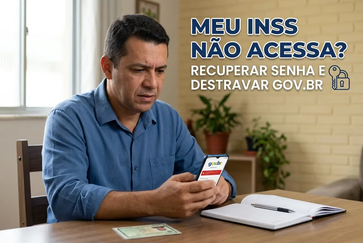 Homem em camisa azul acessando serviço governamental no smartphone