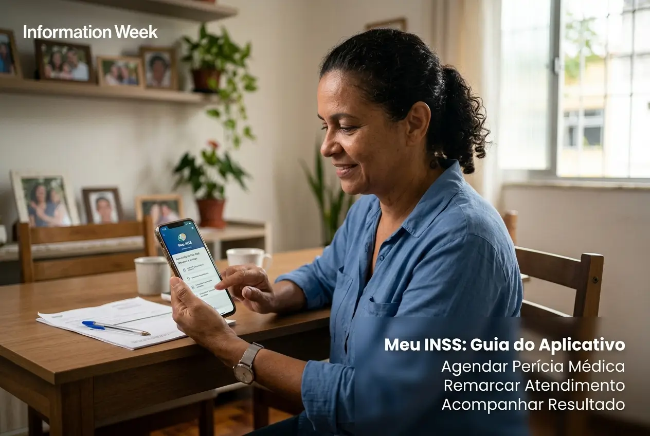 Mulher usando app INSS em mesa com fotos e planta