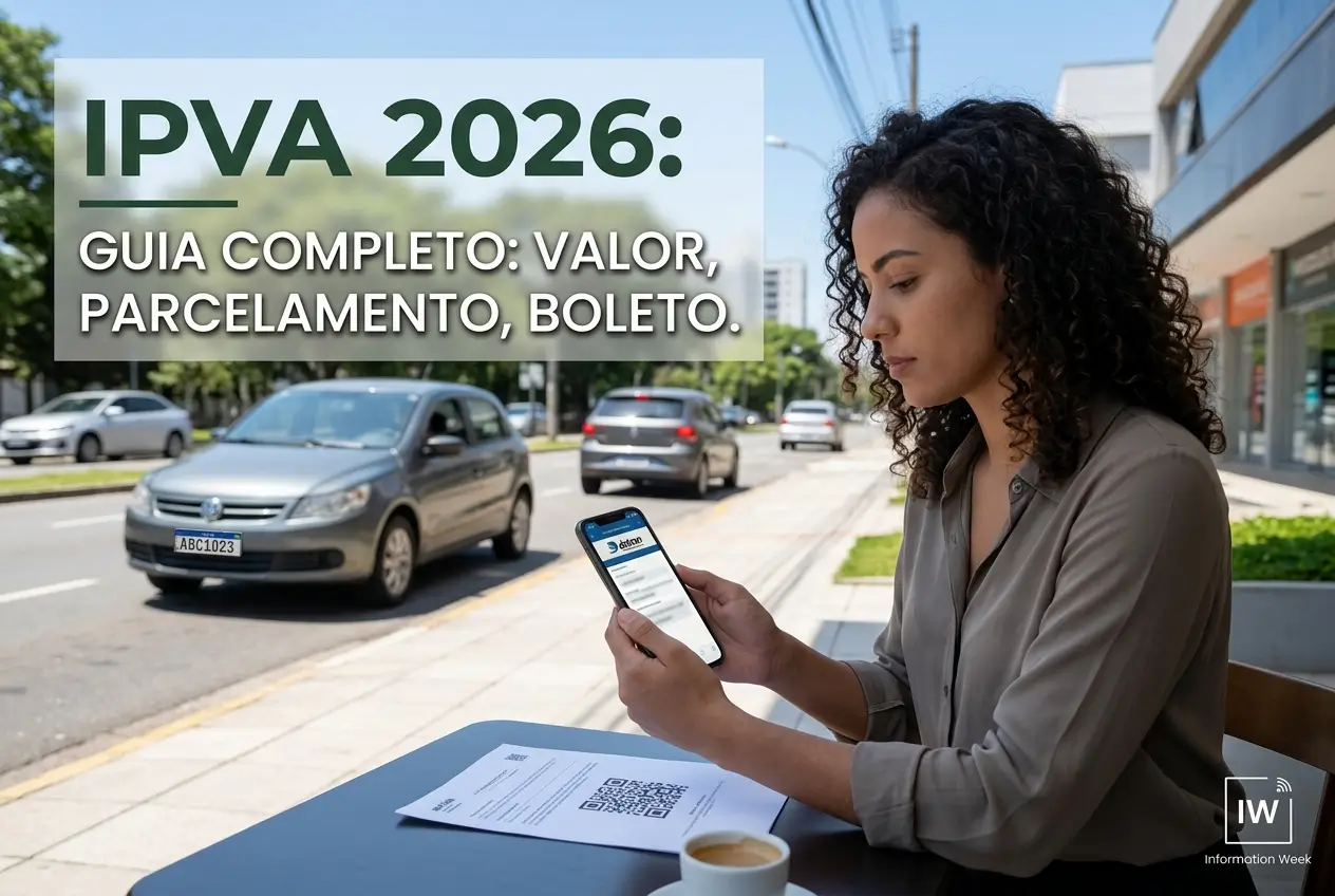 Mulher lendo sobre IPVA 2026 em smartphone com guia e café