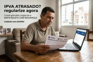 Homem revisando IPVA atrasado em laptop e documento