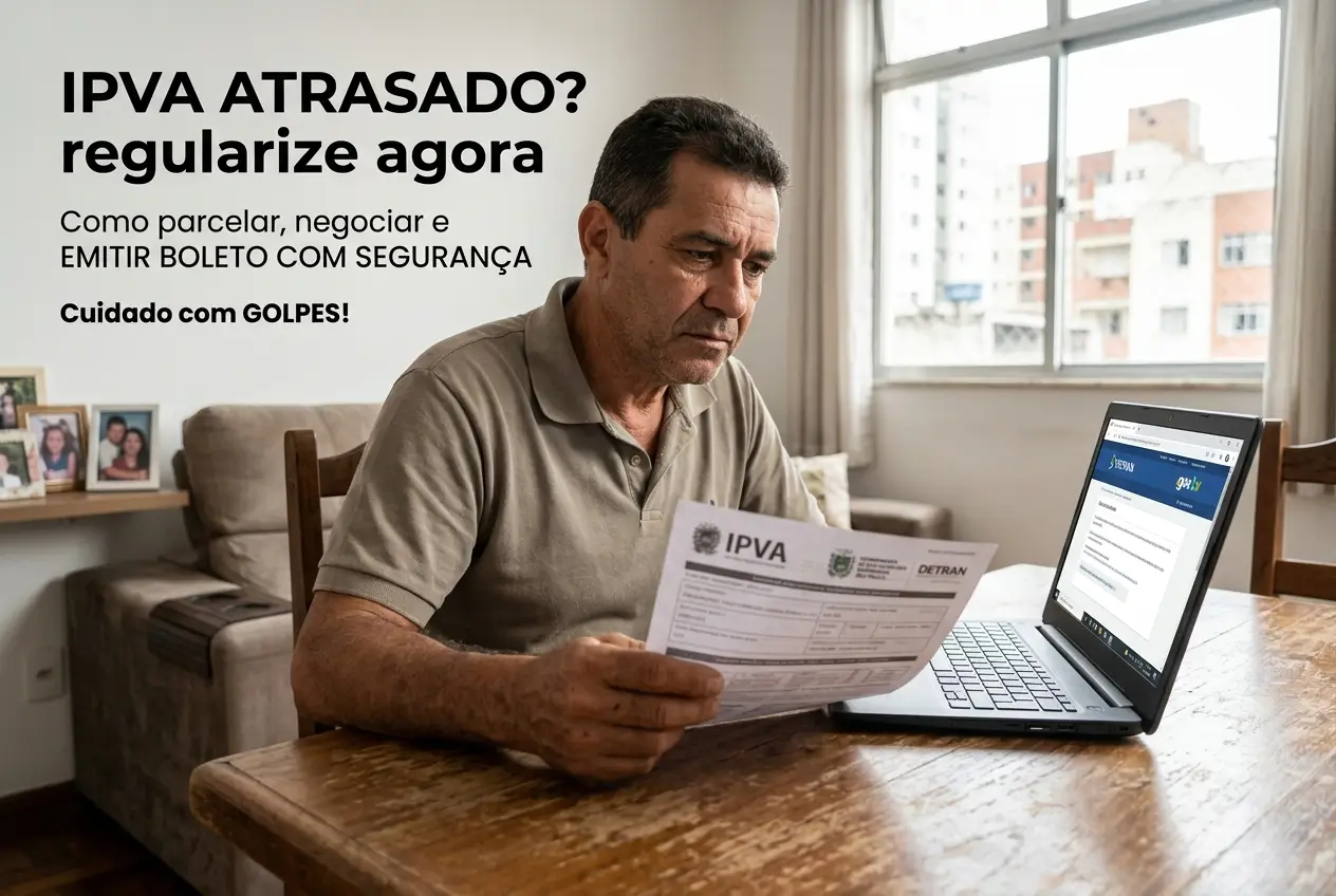Homem revisando IPVA atrasado em laptop e documento