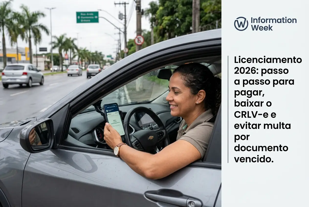 Mulher segurando smartphone sobre licenciamento veicular 2026