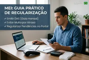 Jovem brasileiro em escritório com laptop e smartphone organizando finanças