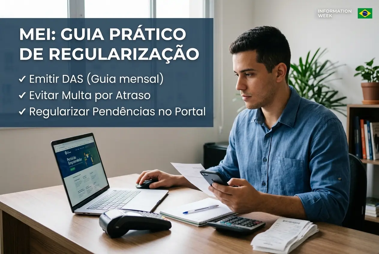Jovem brasileiro em escritório com laptop e smartphone organizando finanças