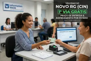Mulher sorrindo entregando cartão em escritório durante Semana de Informação