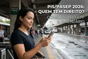 Mulher no ponto de ônibus conferindo PIS/PASEP 2026 no smartphone