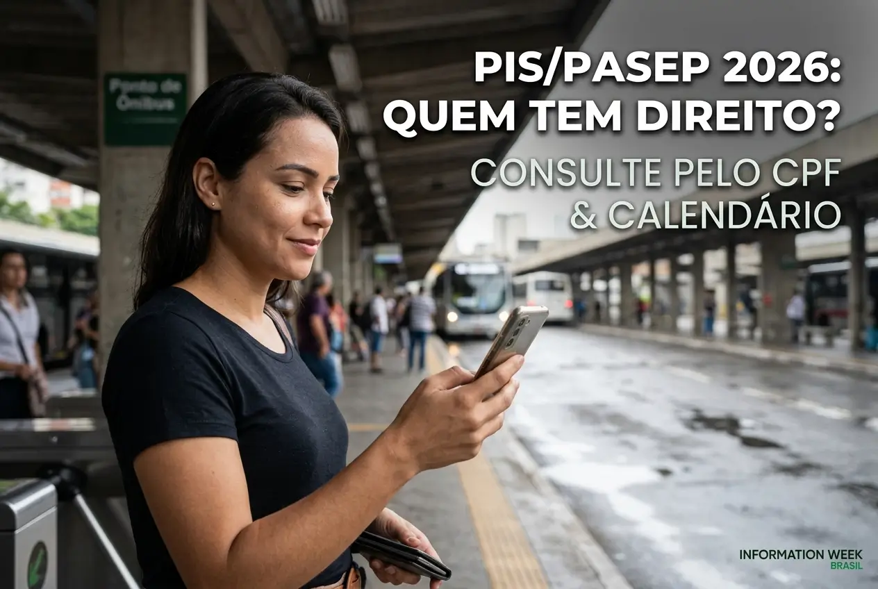 Mulher no ponto de ônibus conferindo PIS/PASEP 2026 no smartphone