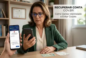 Mulher recuperando conta gov.br bloqueada em dois celulares