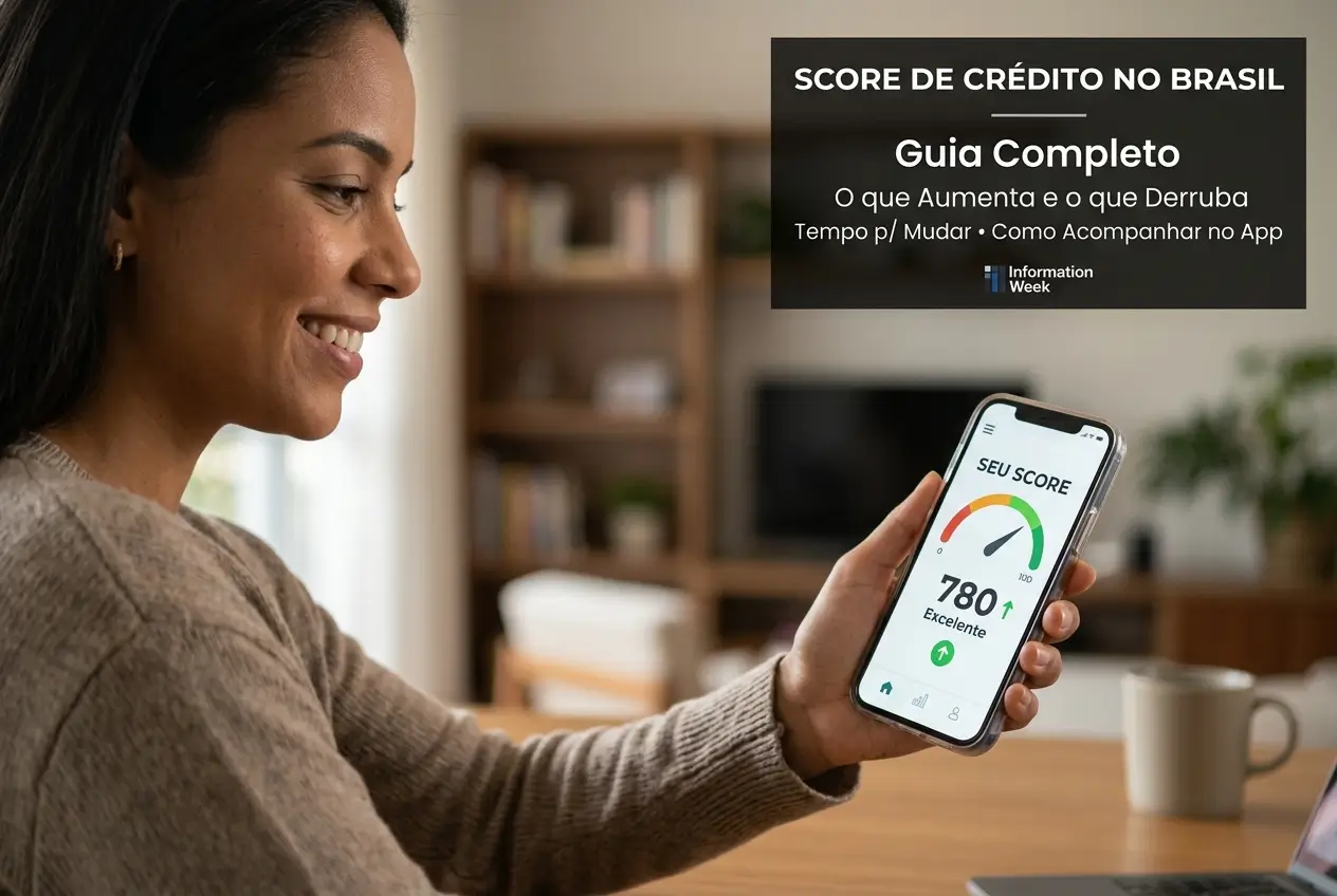 Mulher sorridente vendo score de crédito excelente no smartphone