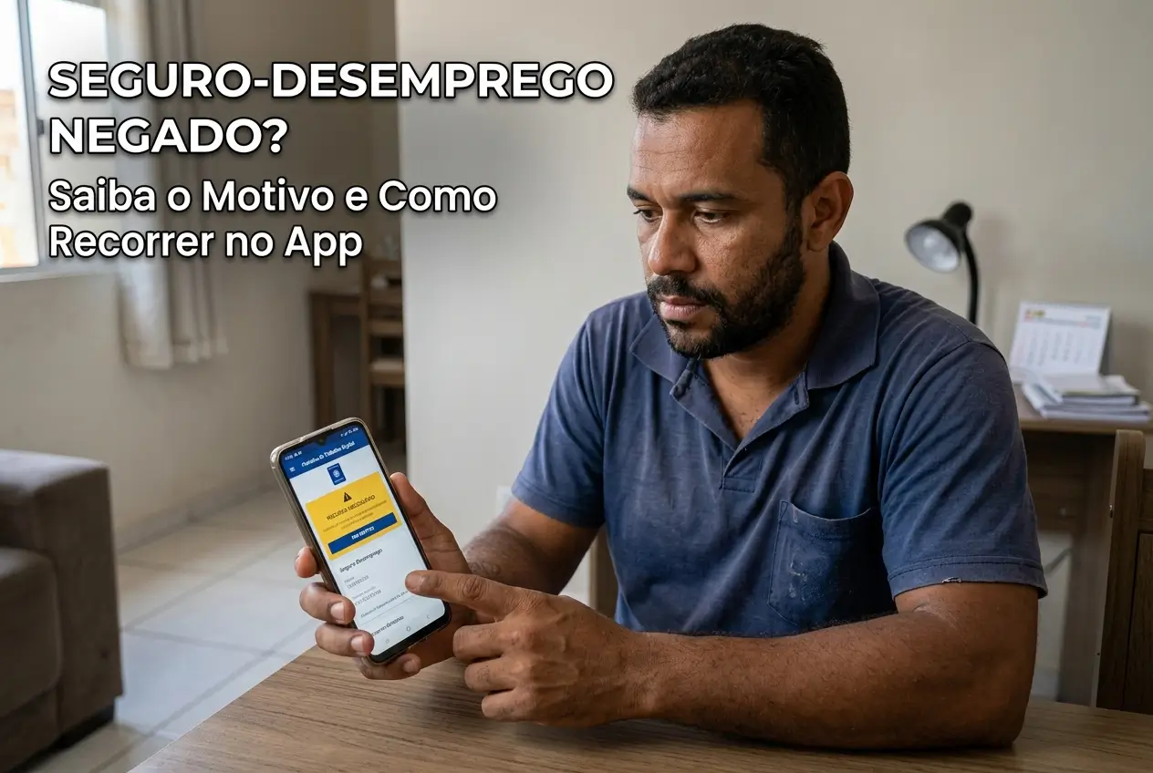 Homem verifica smartphone sobre benefício negado, educação financeira